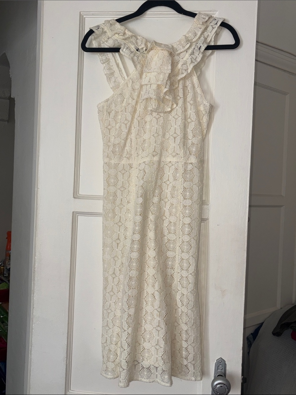 Foley + Corinna Cream Lace Ruffle-Trim Midi Dress